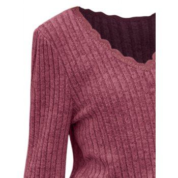 Poet Sleeve Ribbed Textured Scalloped Hem V Neck Top 