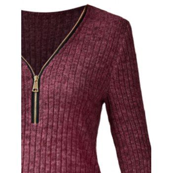 Half Zipper V Neck Ribbed Textured Long Sleeve Casual Top 