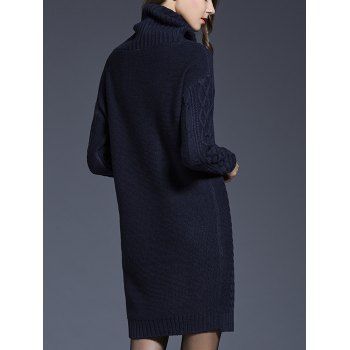 Solid Color Turtle Cowl Cable Long Sleeve Sweater Dress