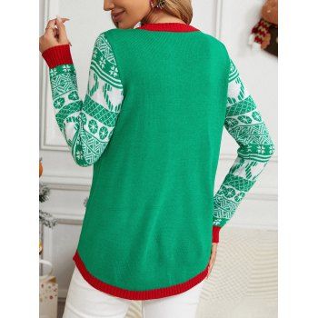 Christmas Cat Fur Pom Decor Contrast Piping Crew Neck Long Sleeve Knit Sweater