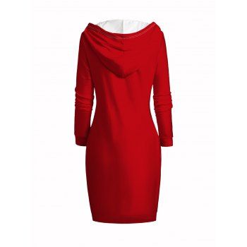 Christmas 3D Print Hooded Dress Drawstring Long Sleeve Contrast Mini Dress