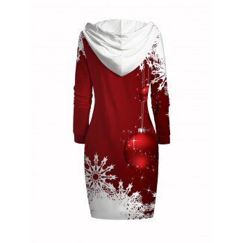 Contrast Christmas Ball Snowflake Print Drawstring Mini Hooded Dress