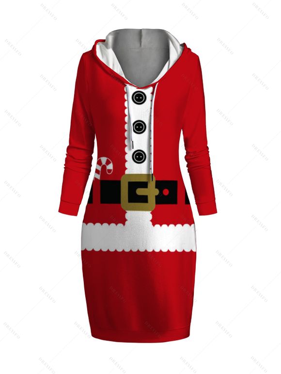 Mini Robe à Capuche de Noël 3D Imprimé Contrastée Manches Longues à Cordon - Rouge XXL | US 14