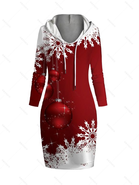 Mini Robe à Capuche Flocon de Neige de Noël Imprimé à Cordon - Rouge XXL | US 14