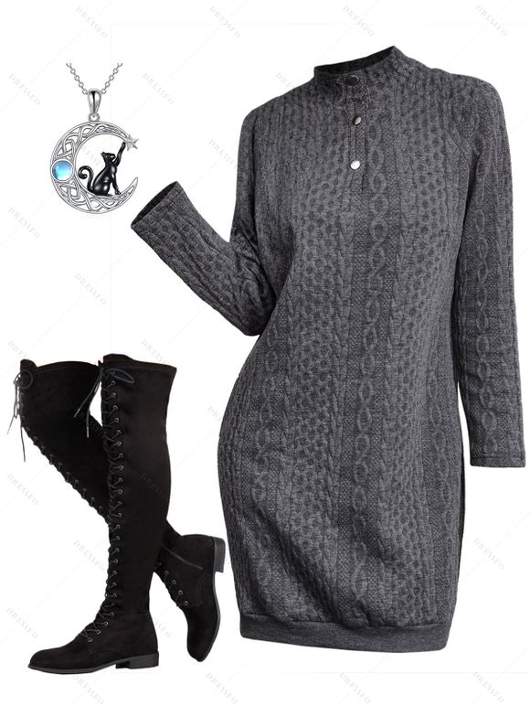 Raglan Sleeve Textured Mini Sweatshirt Dress And Lace Up Over The Knee Boots Cat Moon Pendant Chain Necklace Outfit - Gris S | US 4