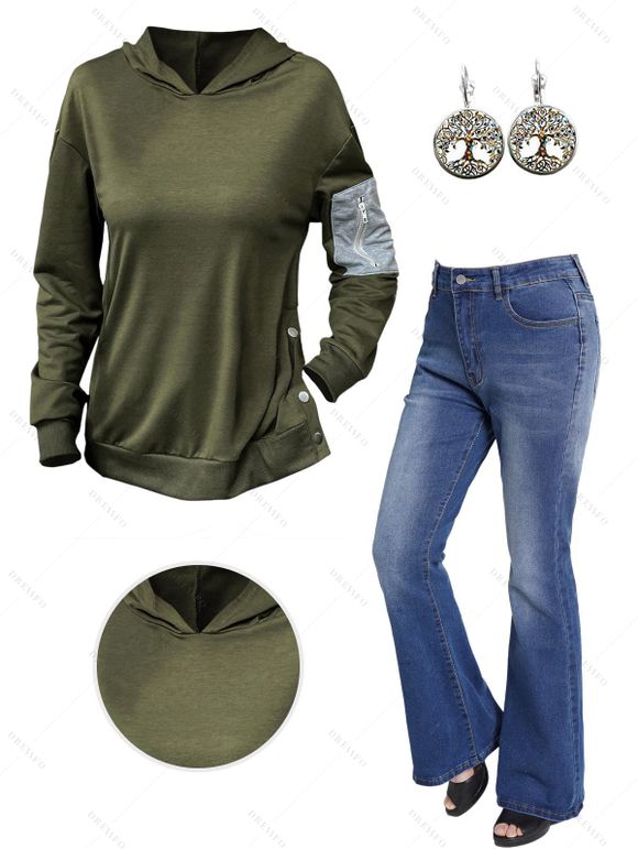 Drop Shoulder Patchwork Snap Button Hooded Top And Zip Fly Flare Jeans Life Tree Pattern Hoop Drop Earrings Casual Outfit - Vert profond S | US 4