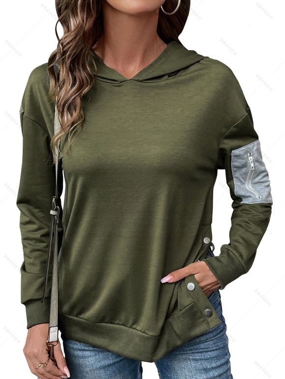 Drop Shoulder Patchwork Snap Button Hooded Top And Zip Fly Flare Jeans Life Tree Pattern Hoop Drop Earrings Casual Outfit - Vert profond S | US 4