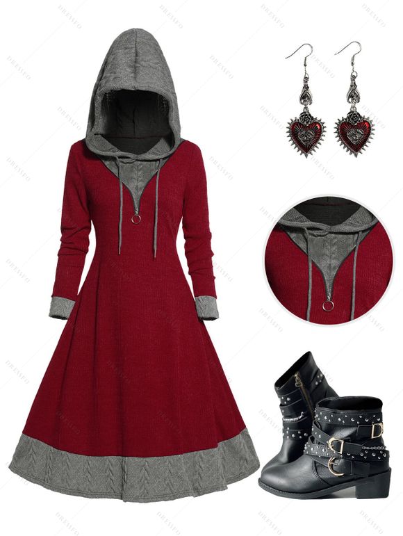 Colorblock Textured Drawstring Hood Long Sleeve Knit Dress And Zip Up Chunky Heel Punk Boots Heart Rose Rivet Drop Earrings Outfit - Rouge S | US 4