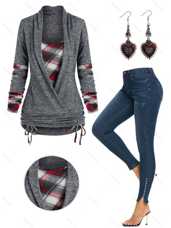 Plaid Print Surplice Faux Twinset T-shirt Set and Studded Slit Jeans Heart Rose Rivet Earrings Outfit - Gris Foncé S | US 4