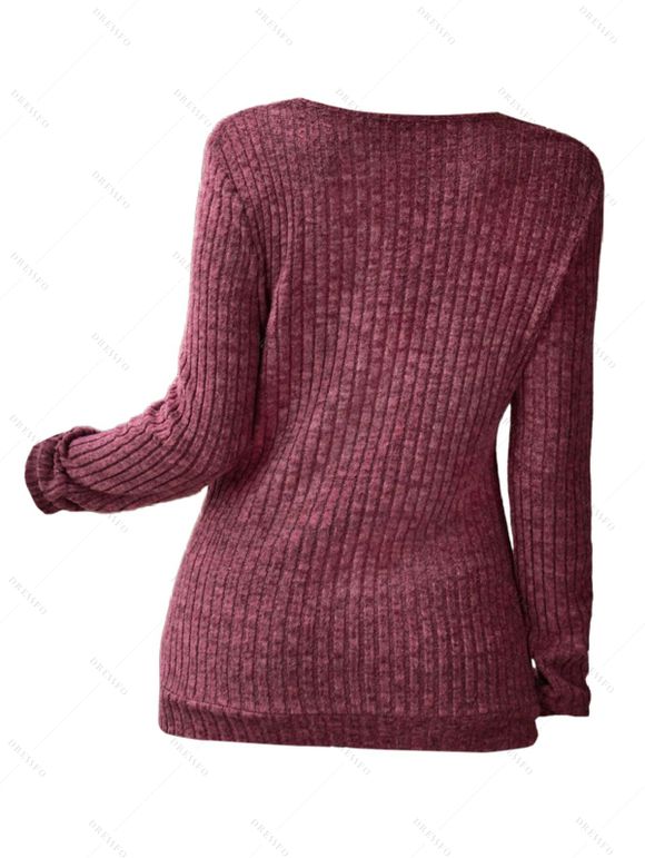 Haut Décontracté Côtelé Texturé à Demi-Zip à Manches Longues - Rouge foncé L | US 8