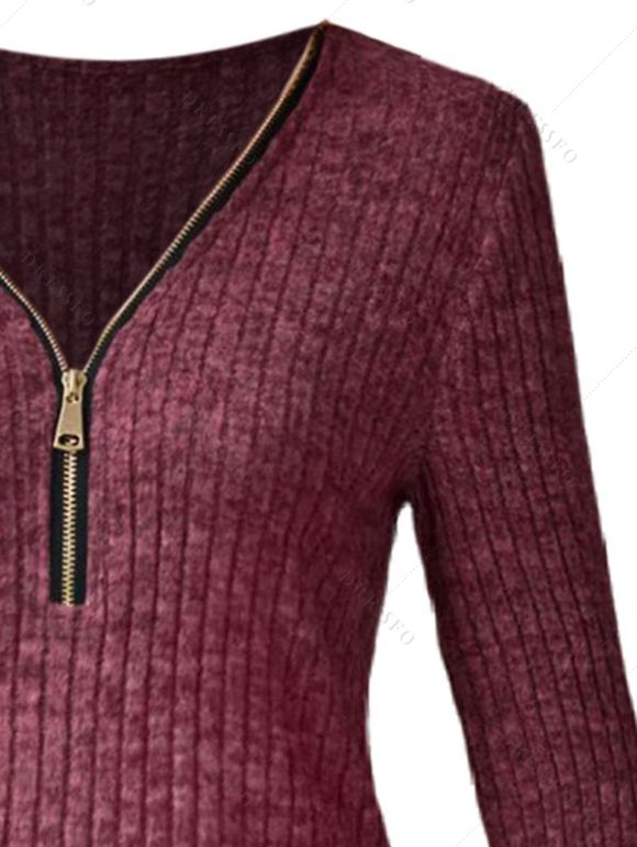 Haut Décontracté Côtelé Texturé à Demi-Zip à Manches Longues - Rouge foncé L | US 8