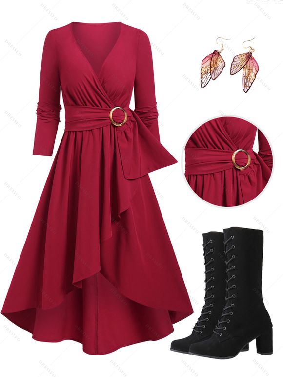 O Ring High Low Overlap Surplice Midi Dress And Chunky Heel Lace Up Mid Calf Boots Glitter Butterfly Wings Earrings Outfit - Rouge S | US 4