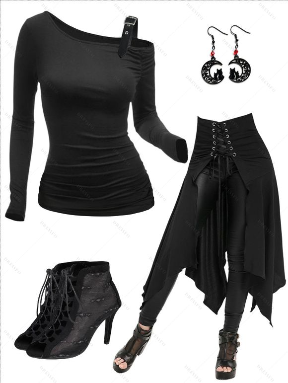 Gothic One Shoulder Buckle Strap Long Sleeve T-shirt Open Front Lace Up Irregular Hem Skirt And High Heeled Sandals Cat Earrings Outfit - Noir S | US 4