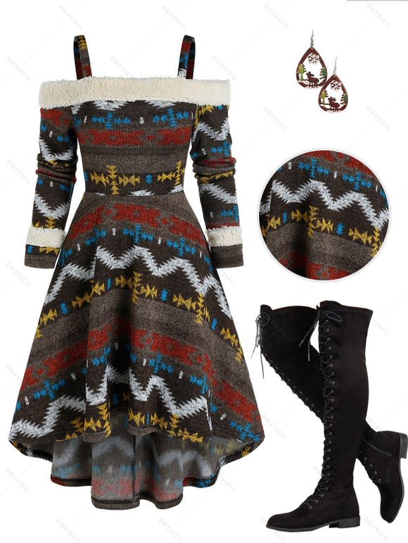 Cold Shoulder Tribal Print High Low Dress And Lace Up Over The Knee Boots Waterdrop Shape Hook Drop Earrings Outfit - Café profond S | US 4