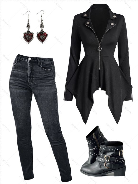 Gothic O Ring Zip Up Asymmetric Punk Coat Dark Wash Pencil Jeans And Chunky Heel Punk Boots Heart Rose Rivet Drop Earrings Outfit - Noir S | US 4