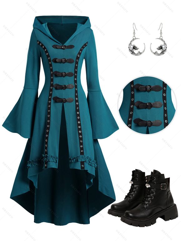 Gothic High Low Hem Buckle Flare Sleeve Hooded Top And Lace Up Buckle Strap Zipper Martin Boots Skull Drop Earrings Outfit - Vert profond S | US 4