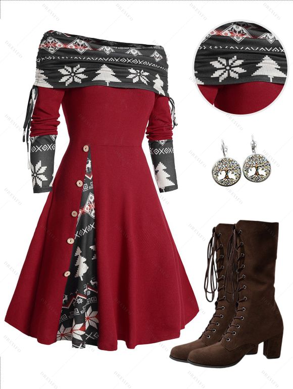 Colorblock Christmas Tree Snowflake Print Cinched Mini Godet Dress And Chunky Heel Mid Calf Boots Life Tree Pattern Hoop Drop Earrings Outfit - Rouge S | US 4