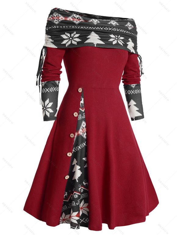 Colorblock Christmas Tree Snowflake Print Cinched Mini Godet Dress And Chunky Heel Mid Calf Boots Life Tree Pattern Hoop Drop Earrings Outfit - Rouge S | US 4