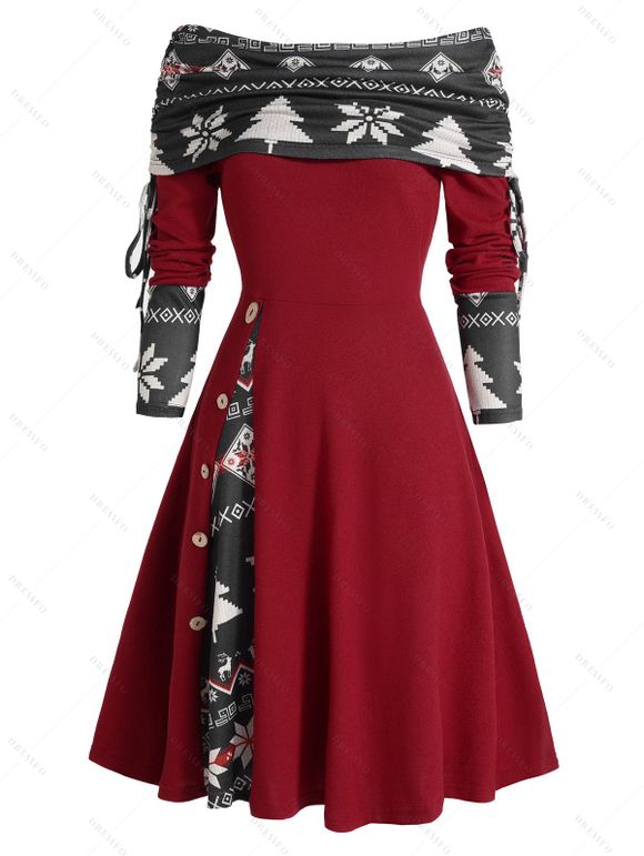 Colorblock Christmas Tree Snowflake Print Cinched Mini Godet Dress And Chunky Heel Mid Calf Boots Life Tree Pattern Hoop Drop Earrings Outfit - Rouge S | US 4