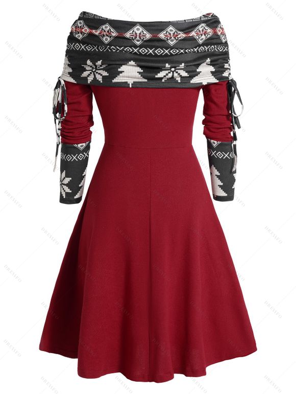 Colorblock Christmas Tree Snowflake Print Cinched Mini Godet Dress And Chunky Heel Mid Calf Boots Life Tree Pattern Hoop Drop Earrings Outfit - Rouge S | US 4
