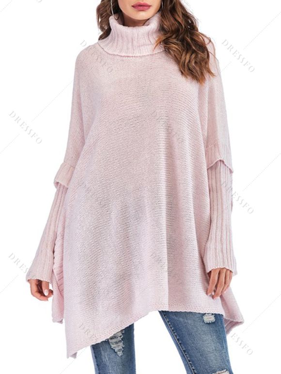 Pull Lâche Tricoté en Couleur Unie à Manches Chauve-souris à Col Roulé - Rose clair L | US 8