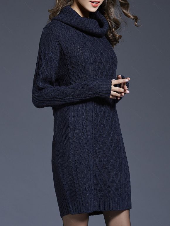 Robe Pull en Tricot à Câble en Couleur Unie à Manches Longues - Bleu de Minuit L | US 8