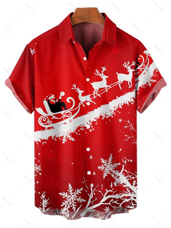 Chemise Boutonnée avec Col Rabattu à Manches Courtes Imprimé Élan et Père Noël - Rouge S