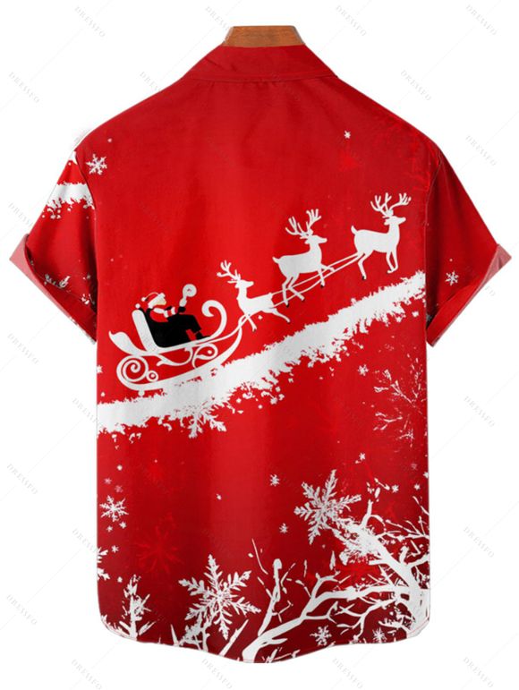 Chemise Boutonnée avec Col Rabattu à Manches Courtes Imprimé Élan et Père Noël - Rouge 4XL