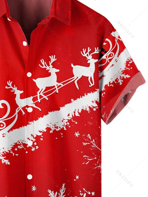 Chemise Boutonnée avec Col Rabattu à Manches Courtes Imprimé Élan et Père Noël - Rouge 4XL