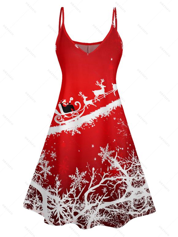 Robe de Noël à Bretelle Fine Père Noël Flocon de Neige et Cerf Imprimés à Col V - Rouge XXXXXL | US 20