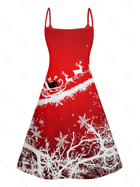 Robe de Noël à Bretelle Fine Père Noël Flocon de Neige et Cerf Imprimés à Col V - Rouge S | US 4