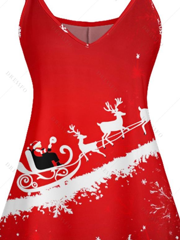 Robe de Noël à Bretelle Fine Père Noël Flocon de Neige et Cerf Imprimés à Col V - Rouge S | US 4