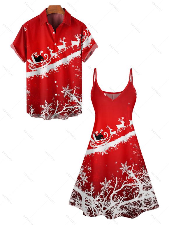 Christmas Santa Claus Snowflake Elk Print V Neck Spaghetti Strap Dress And Short Sleeve Shirt Matching Outfit - Rouge S | US 4