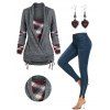 Plaid Print Surplice Faux Twinset T-shirt Set and Studded Slit Jeans Heart Rose Rivet Earrings Outfit - Gris Foncé S | US 4