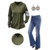 Drop Shoulder Patchwork Snap Button Hooded Top And Zip Fly Flare Jeans Life Tree Pattern Hoop Drop Earrings Casual Outfit - Vert profond S | US 4