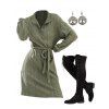 Drop Shoulder Ribbed O Ring Zipper Belted Mini Dress And Lace Up Over The Knee Boots Life Tree Pattern Hoop Drop Earrings Outfit - Vert profond S | US 4