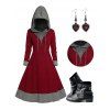 Colorblock Textured Drawstring Hood Long Sleeve Knit Dress And Zip Up Chunky Heel Punk Boots Heart Rose Rivet Drop Earrings Outfit - Rouge S | US 4