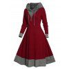 Colorblock Textured Drawstring Hood Long Sleeve Knit Dress And Zip Up Chunky Heel Punk Boots Heart Rose Rivet Drop Earrings Outfit - Rouge S | US 4