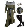 Off the Shoulder Ruffled Hem Asymmetrical Mermaid Dress And Lace Up Over The Knee Boots Life Tree Pattern Drop Earrings Outfit - Vert profond S | US 4