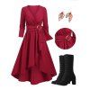 O Ring High Low Overlap Surplice Midi Dress And Chunky Heel Lace Up Mid Calf Boots Glitter Butterfly Wings Earrings Outfit - Rouge S | US 4