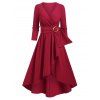 O Ring High Low Overlap Surplice Midi Dress And Chunky Heel Lace Up Mid Calf Boots Glitter Butterfly Wings Earrings Outfit - Rouge S | US 4