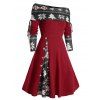 Colorblock Christmas Tree Snowflake Print Cinched Mini Godet Dress And Chunky Heel Mid Calf Boots Life Tree Pattern Hoop Drop Earrings Outfit - Rouge S | US 4