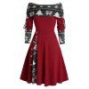 Colorblock Christmas Tree Snowflake Print Cinched Mini Godet Dress And Chunky Heel Mid Calf Boots Life Tree Pattern Hoop Drop Earrings Outfit - Rouge S | US 4