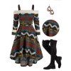 Cold Shoulder Tribal Print High Low Dress And Lace Up Over The Knee Boots Waterdrop Shape Hook Drop Earrings Outfit - Café profond S | US 4