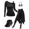 Gothic One Shoulder Buckle Strap Long Sleeve T-shirt Open Front Lace Up Irregular Hem Skirt And High Heeled Sandals Cat Earrings Outfit - Noir S | US 4