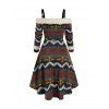 Cold Shoulder Tribal Print High Low Dress And Lace Up Over The Knee Boots Waterdrop Shape Hook Drop Earrings Outfit - Café profond S | US 4