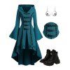 Gothic High Low Hem Buckle Flare Sleeve Hooded Top And Lace Up Buckle Strap Zipper Martin Boots Skull Drop Earrings Outfit - Vert profond S | US 4