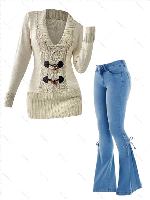 Mock Horn Button Plunge Neck Sweater and Lace Up Flare Jeans Outfit - café lumière S | US 4