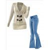 Mock Horn Button Plunge Neck Sweater and Lace Up Flare Jeans Outfit - café lumière S | US 4