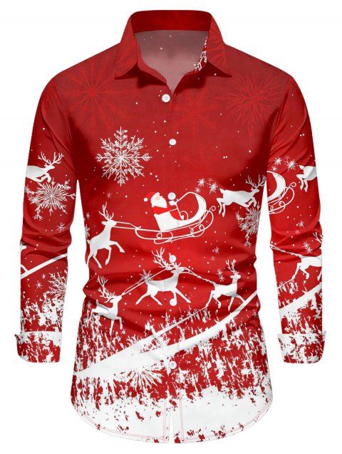 Chemise Boutonnée Père Noël Cerf et Flocon de Neige Imprimés à Manches Longues